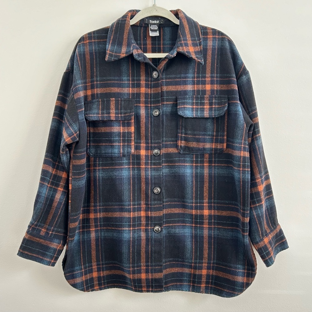 4/$25 Toska Womens Relaxed Fit Plaid Flannel Shacket in Black Blue Orange - Med
